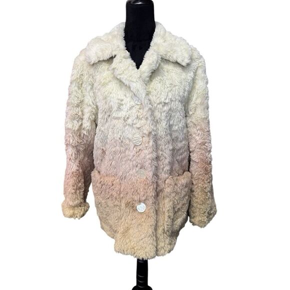 Anthropologie Womens Ivory Button Front Ombre Plush Faux Fur Coat Size M - Picture 5 of 16